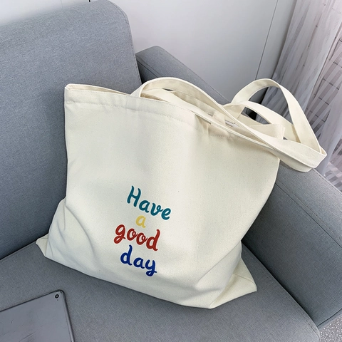 Borsa Tote Minimalista In Tela Grande Capacità Con Chiusura A Zip Stampa Lettere Have A Good Day Per Donna