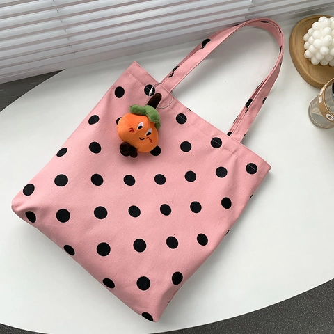 Polka Dot Canvas Einkaufstasche Pink Hohe Kapazität Schultertasche Damen Student Mit Plüsch Frucht Anhänger Reißverschluss