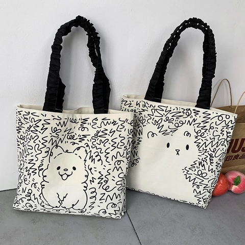 Süße Cartoon Katze Hund Print Leinwand Tote Bag Mit Schwarzen Rüschen Riemen Reißverschluss Große Kapazität Schultertasche