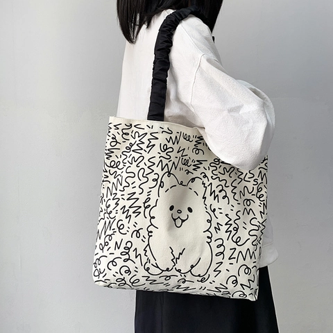 Süße Cartoon Katze Hund Print Leinwand Tote Bag Mit Schwarzen Rüschen Riemen Reißverschluss Große Kapazität Schultertasche