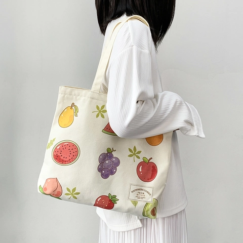 Canvas Tote Bag For Women Fruit Butterfly Print Large Capacity Shoulder Handbag Zipper Closure Literary Fresh Style