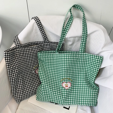Borsa Tote In Tela A Quadretti Con Ricamo Di Ciliegie E Cuori Grande Capacità Borsa A Spalla Casuale Per Donne Studenti