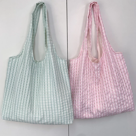 Seersucker Textured Plaid Tote Bag Large Capacity Casual Checkered Shoulder Handbag For Women Ins Style