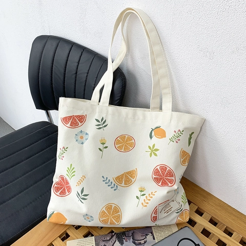 Canvas Tote Bag For Women Fruit Butterfly Print Large Capacity Shoulder Handbag Zipper Closure Literary Fresh Style