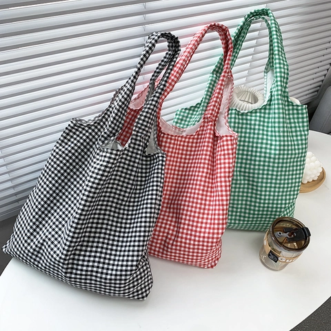 Checkered Gingham Tote Bag Cotton Canvas Large Capacity Retro Fresh Shoulder Shopping Handbag For Women Students