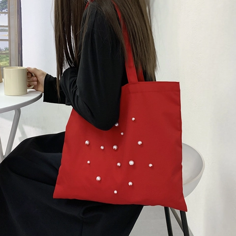 Borsa Tote In Tela Rossa Con Decorazione Di Künstliche Perle Artificiali Grande Capacità Minimalista Fatto A Mano Borsa A Spalla