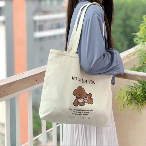 Borsa Tote In Tela Con Illustrazione Di Cucciolo Carino Grande Capacità Cerniera Borsa A Spalla Per Donne Studenti