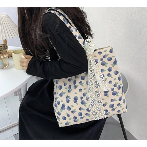 Canvas Tragetasche Fruchtdruck Große Kapazität Spitze Schleife Schultertasche Reißverschluss Frischer Stil Damen