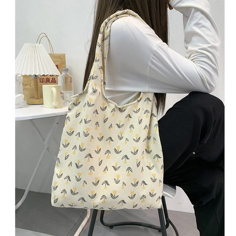 Borsa Tote In Velluto A Coste Floreale Grande Capacità Stampa Tulipani Borsa A Spalla Casual Artistica Scuola Per Donne