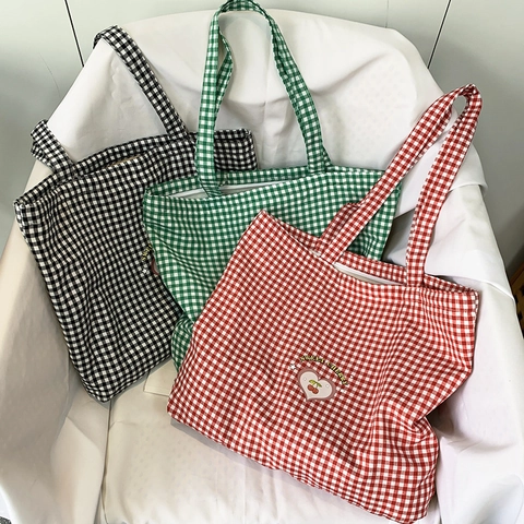 Borsa Tote In Tela A Quadretti Con Ricamo Di Ciliegie E Cuori Grande Capacità Borsa A Spalla Casuale Per Donne Studenti