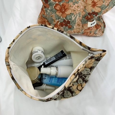 Vintage Floral Cord-Kosmetiktasche Große Kapazität Reise Kosmetik Aufbewahrungsbeutel Mit Segeltuchfutter Reißverschluss