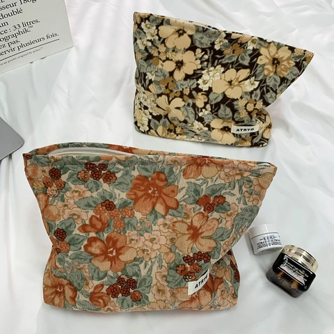 Vintage Floral Cord-Kosmetiktasche Große Kapazität Reise Kosmetik Aufbewahrungsbeutel Mit Segeltuchfutter Reißverschluss