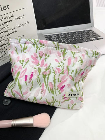 Beauty Case Jacquard Floreale Grande Capacità Portatile Borsa Cosmetica Cerniera Motivo Tulipano Organizzatore Da Viaggio