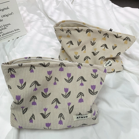 Trousse Maquillage Velours Côtelé Fleurs Tulipe Pochette Cosmétique Portable Fermeture Éclair Rangement De Voyage