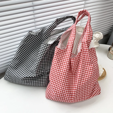 Checkered Gingham Tote Bag Cotton Canvas Large Capacity Retro Fresh Shoulder Shopping Handbag For Women Students