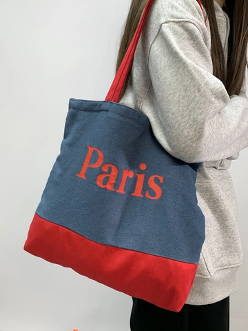 Borsa Tote In Denim E Tela Di Grande Capacità Patchwork A Colori Contrasto Stampa Lettere Paris Chiusura Lampo Borsa A Spalla Da Donna