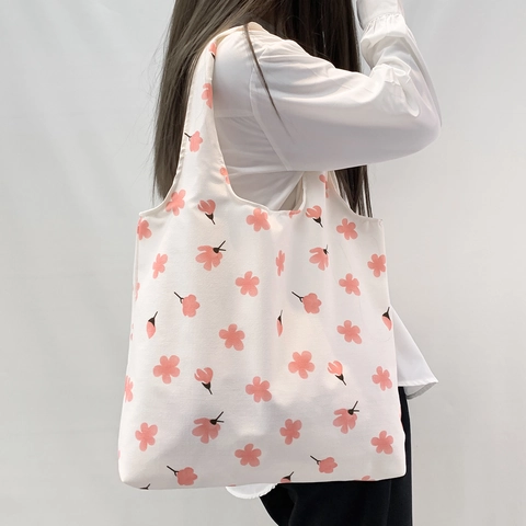 Canvas Shoulder Bag Large Capacity Floral Sakura Cartoon Rabbit Print Tote Handheld Casual Shopping Bag