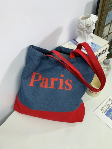 Borsa Tote In Denim E Tela Di Grande Capacità Patchwork A Colori Contrasto Stampa Lettere Paris Chiusura Lampo Borsa A Spalla Da Donna