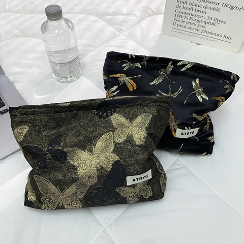 Borsa Trucco Ricamata Jacquard Motivo Farfalla Libellula Grande Capacità Pochette Per Cosmetici Da Viaggio Organizzatore