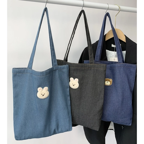 Borsa Tote In Denim Con Ricamo Orso Coniglio Carino Grande Borsa A Tracolla In Tela Per Donne Studenti Borsa Da Giorno