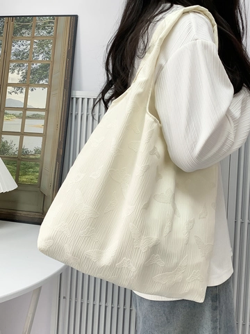 Butterfly Embossed Tote Bag Large Capacity Polyester Textured Fabric Shoulder Shopping Bag Aesthetic Casual For Women