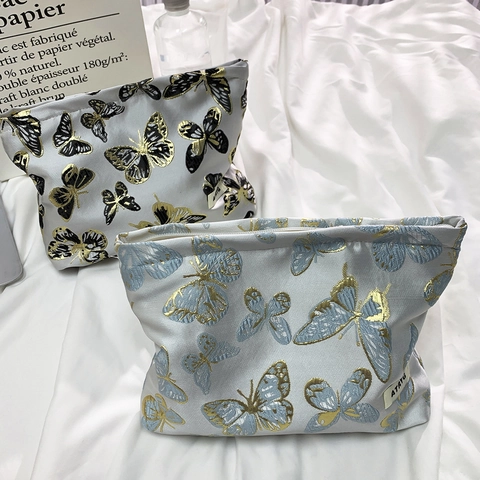 Bolsa Maquillaje Bordado Mariposa Organizador Aseo Viaje Cuidado Piel Textura Pan Oro Forro Lona Mujeres