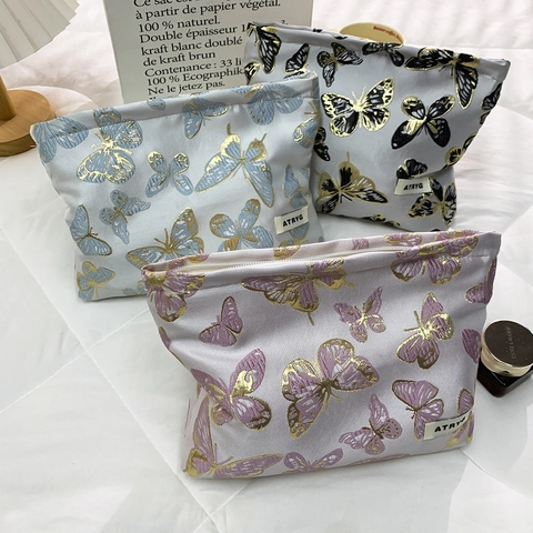 Bolsa Maquillaje Bordado Mariposa Organizador Aseo Viaje Cuidado Piel Textura Pan Oro Forro Lona Mujeres