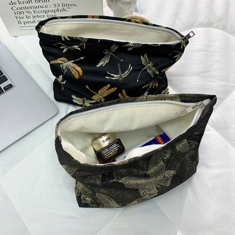 Borsa Trucco Ricamata Jacquard Motivo Farfalla Libellula Grande Capacità Pochette Per Cosmetici Da Viaggio Organizzatore