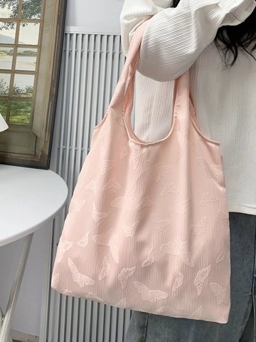 Butterfly Embossed Tote Bag Large Capacity Polyester Textured Fabric Shoulder Shopping Bag Aesthetic Casual For Women