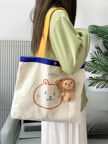 Canvas Tote Bag Cartoon Bear Print Color Block With Plush Lion Pendant Snap Closure Shoulder Handbag