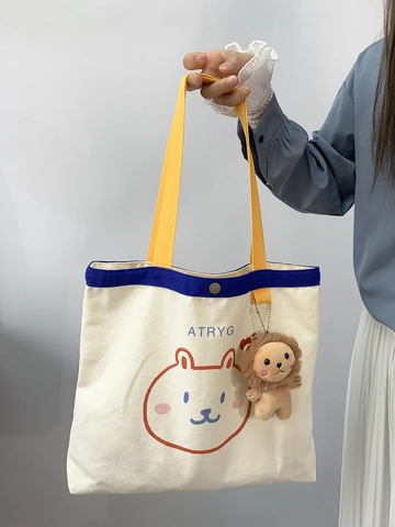 Canvas Tote Bag Cartoon Bear Print Color Block With Plush Lion Pendant Snap Closure Shoulder Handbag