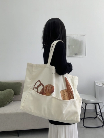 Damen Große Kapazität Leinwand Tote Bag Mit Brotdruck Mehrere Taschen Schulter Handtasche Lässig Beige