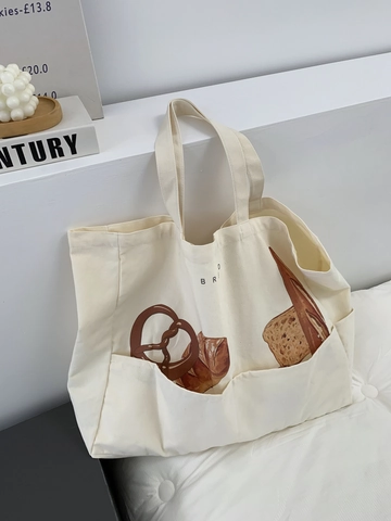 Damen Große Kapazität Leinwand Tote Bag Mit Brotdruck Mehrere Taschen Schulter Handtasche Lässig Beige