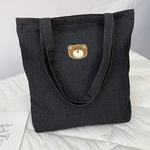 Borsa Tote In Denim Con Ricamo Orso Coniglio Carino Grande Borsa A Tracolla In Tela Per Donne Studenti Borsa Da Giorno