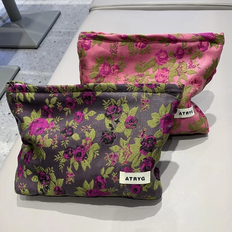 Borsa Trucco Jacquard Floreale Astuccio Cosmetico Da Viaggio Portatile Grande Capacità Fodera In Tela Pochette Con Cerniera Donna