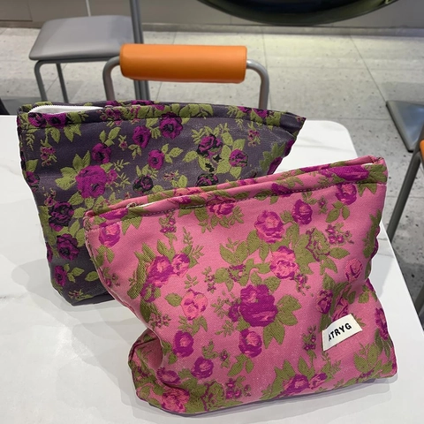 Borsa Trucco Jacquard Floreale Astuccio Cosmetico Da Viaggio Portatile Grande Capacità Fodera In Tela Pochette Con Cerniera Donna
