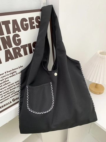 Große Kapazität Canvas Tote Bag Gingham Besatz Karierte Tasche Schulter Handtasche Damen Pendeln Leicht