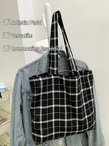 Borsa Tote In Tela A Scacchi Motivo Checkerboard Grande Capacità Borsa A Spalla Con Cerniera Per Donna Casual