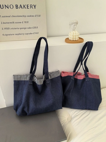 Große Denim Tote Bag Karierte Nähte Gingham Futter Pendler Handtasche Für Damen Studenten Koreanische Mode