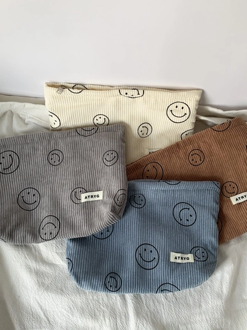 Corduroy Cosmetic Bag Polka Dot Smiling Face Print Travel Makeup Organizer Zipper Wash Bag Canvas Lining Portable Pouch