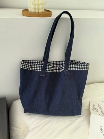 Große Denim Tote Bag Karierte Nähte Gingham Futter Pendler Handtasche Für Damen Studenten Koreanische Mode