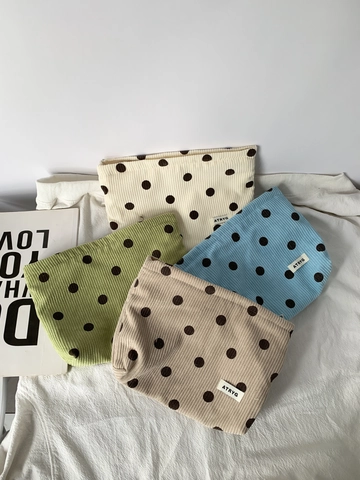 Corduroy Cosmetic Bag Polka Dot Smiling Face Print Travel Makeup Organizer Zipper Wash Bag Canvas Lining Portable Pouch