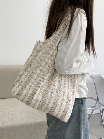 Gestrickte Gewebte Tragetasche Damen Große Kapazität Mehrfarbig Gestreift Gehäkelte Umhängetasche Lässiger Boho Stil