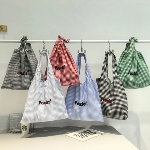 Grote Capaciteit Tote Tas Polyester Gestreept Gingham Peachy Letter Print Casual Schoudertas Voor Dames Lichtgewicht