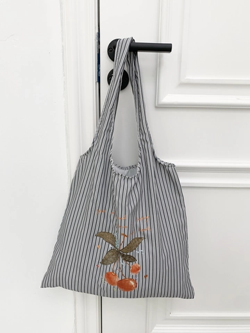 Gestreifte Canvas Einkaufstasche Mit Großem Fassungsvermögen Kirschdruck Schultertasche Japanische Ästhetik Lässige Handtasche Damen