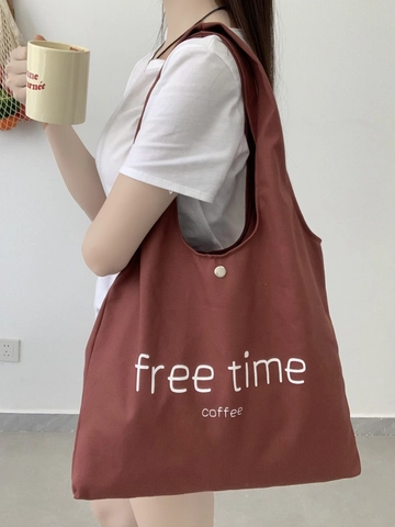 Damen Canvas Tragetasche Große Kapazität Buchstaben Druck Free Time Coffee Retro Rotbraun Minimalistische Umhängetasche