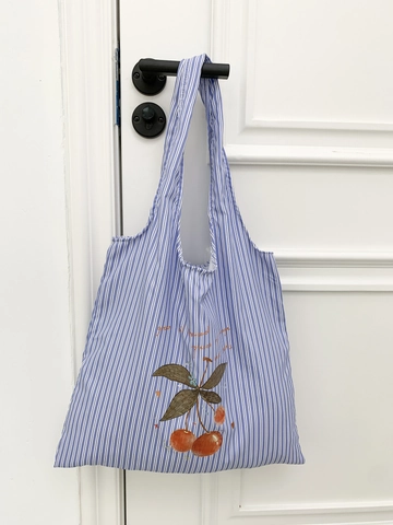 Gestreifte Canvas Einkaufstasche Mit Großem Fassungsvermögen Kirschdruck Schultertasche Japanische Ästhetik Lässige Handtasche Damen