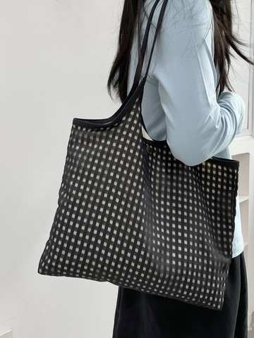 Women Retro Gingham Plaid Tote Bag Large Capacity Mesh Canvas Shoulder Bag Minimalist Vest Style Handbag Casual