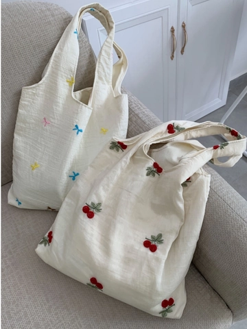 Bestickte Tragetasche Für Damen Große Kapazität Blumen Kirschmuster Canvas Schultertasche Ins Stil Schule Pendler