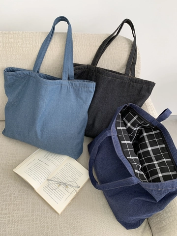 Grand Sac Cabas En Jean Vintage Sac À Main Épaule Avec Doublure À Carreaux Et Fermeture Éclair Style Minimaliste Femmes